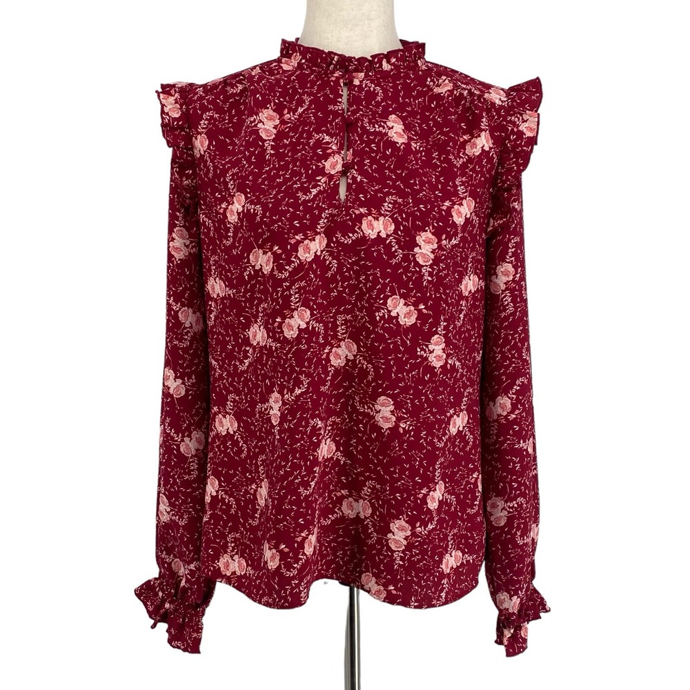 Rachel Parcell Long Sleeve Ruffle Blouse M Burgundy Maroon Vintage Floral Print